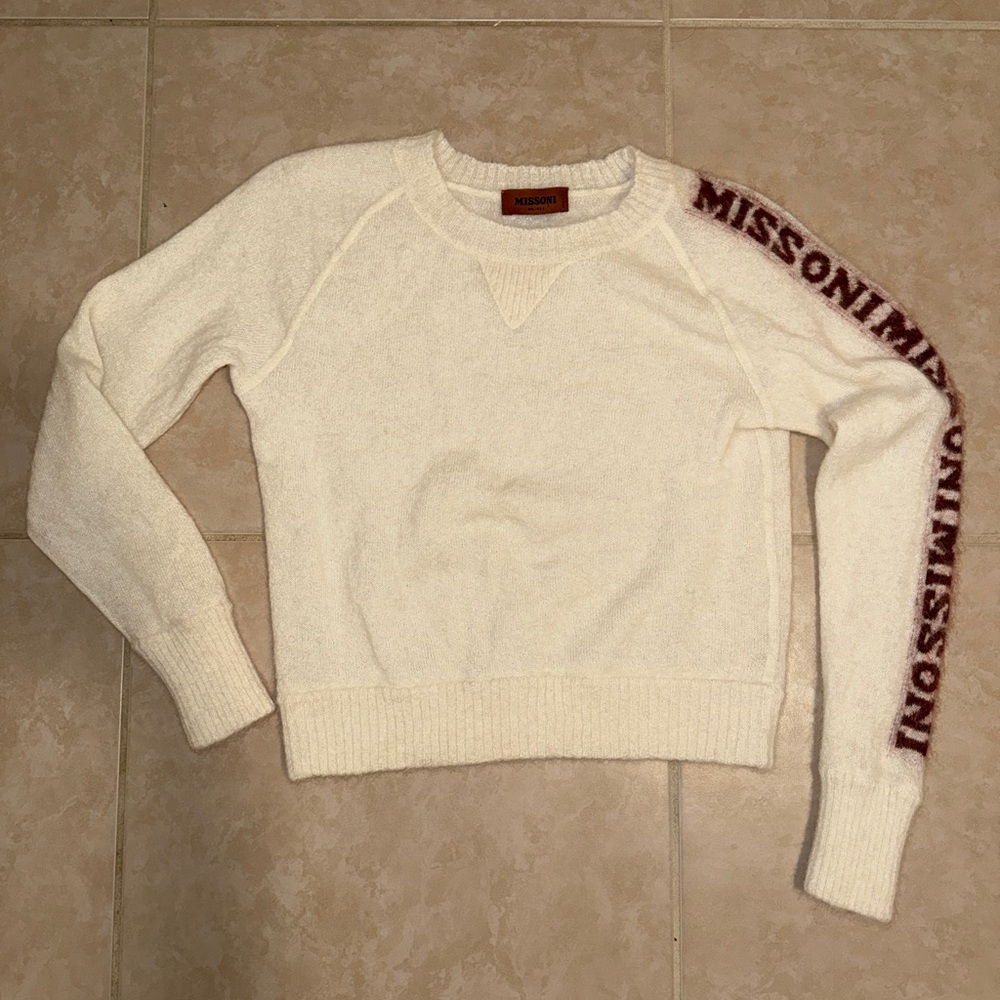 ❣️SOLD MISSONI SWEATER Crewneck Mohair Wool Blend Beige Red Logo Arm Detail